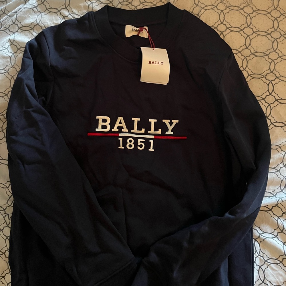 Bally Navy Sweatshirt with White Logo and Red Accent